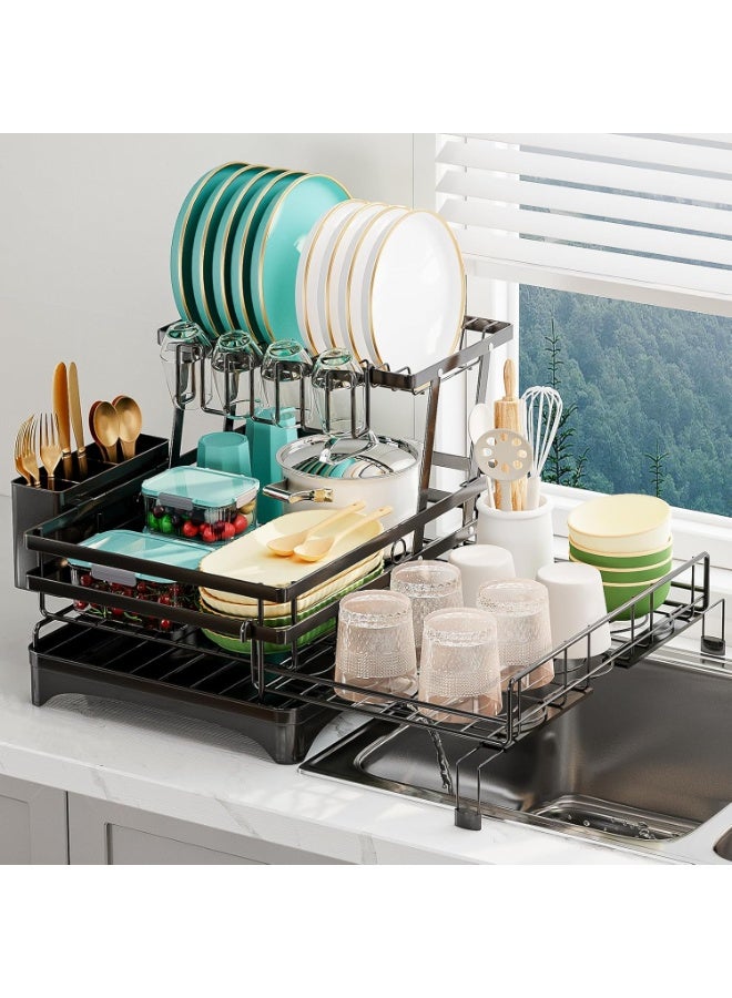 FUOE Black Extendable Dish Rack with 4-Grid Cup Holder & 3-Grid Utensil Tray - Double-Layer Foldable Kitchen Drainer and Organizer for Plates, Bowls, Cups and Cutlery, Space-Saving Dish Drying Rack for Kitchen Countertop - Image 3